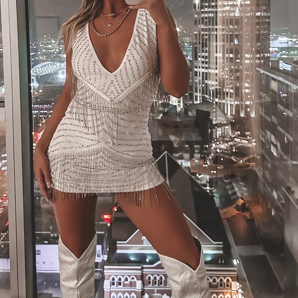 Festival besties, rhinestone fringe dress
